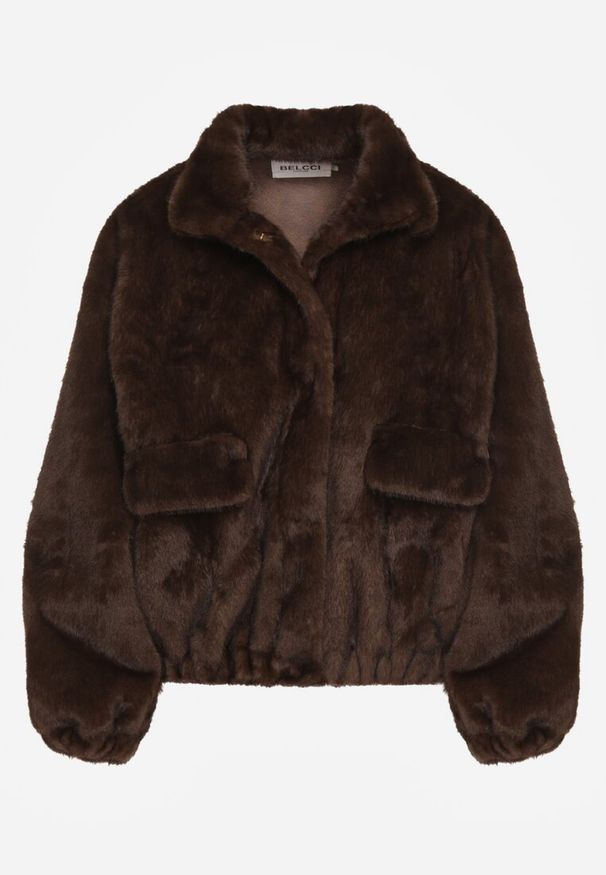 Born2be - Brązowa Kurtka Futerko o Kroju Bomberki z Kieszeniami Tiwedara. Okazja: na co dzień. Typ kołnierza: kołnierzyk stójkowy. Kolor: brązowy. Materiał: futro. Styl: casual, elegancki