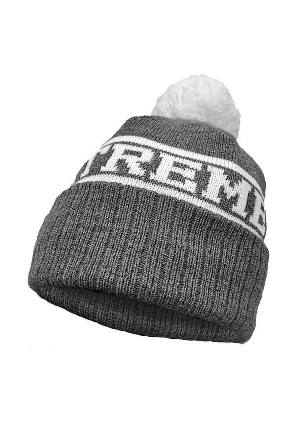 Czapka zimowa dla dorosłych EXTREME HOBBY Finisher z pomponem. Kolor: szary. Materiał: akryl, wełna. Wzór: napisy. Sezon: zima. Styl: casual, elegancki