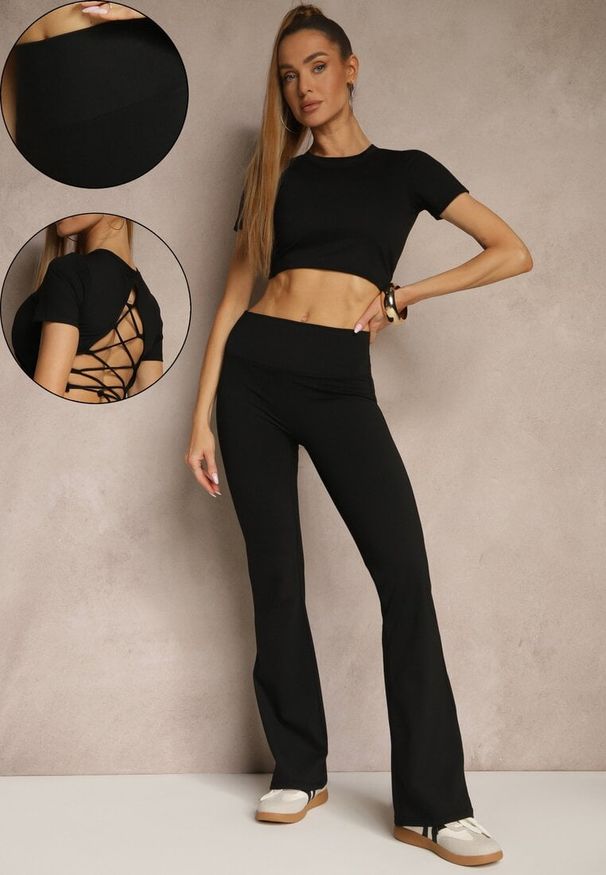 Renee - Czarny Komplet Sportowy Spodnie i Koszulka Ozdobiona Sznurowaniem Lumileine. Kolor: czarny. Wzór: aplikacja