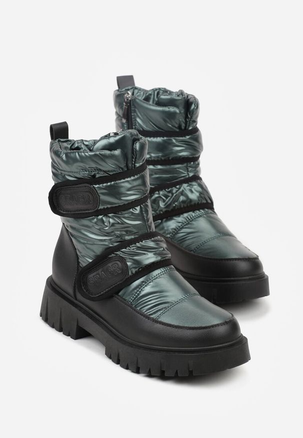 Born2be - Ciemnozielone Śniegowce na Rzepy Theman. Wysokość cholewki: za kostkę. Zapięcie: rzepy. Kolor: zielony. Materiał: materiał. Szerokość cholewki: normalna