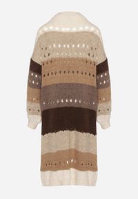 Born2be - Beżowy Długi Kardigan Ażurowy w Paski z Domieszką Wełny i Wiskozy Ilomine. Okazja: na co dzień, na spotkanie biznesowe. Kolor: beżowy. Materiał: wełna, wiskoza. Długość: długie. Wzór: ażurowy, paski. Styl: casual, biznesowy #6