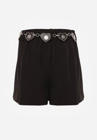 Born2be - Czarne Spódnico-Szorty Ozdobione Łańcuszkiem z Sercami Rhenara. Okazja: na co dzień. Kolor: czarny. Materiał: koronka. Wzór: aplikacja. Styl: rockowy, elegancki, casual, wizytowy #4