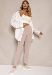 Renee - Beżowe Legginsy z Prążkowanej Tkaniny z Szeroką Gumką w Pasie Lanoriae. Okazja: na co dzień. Stan: podwyższony. Kolor: beżowy. Materiał: tkanina, prążkowany. Styl: klasyczny, elegancki, casual