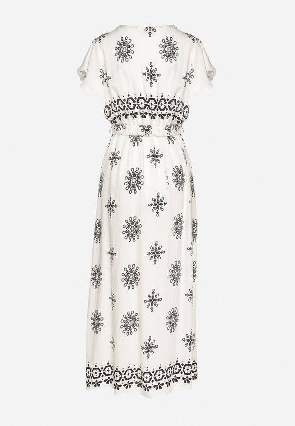 Born2be - Jasnobeżowa Sukienka w Ornamentalny Wzór z Elastycznym Paskiem Tosvanna. Okazja: na co dzień. Kolor: beżowy. Długość rękawa: krótki rękaw. Wzór: aplikacja. Typ sukienki: kopertowe, proste. Styl: klasyczny, casual, elegancki