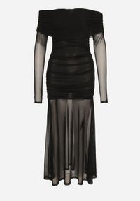 Born2be - Czarna Taliowana Sukienka Typu Hiszpanka z Transparentnymi Wstawkami Halacia. Okazja: na imprezę. Typ kołnierza: dekolt hiszpanka. Kolor: czarny. Styl: elegancki #5