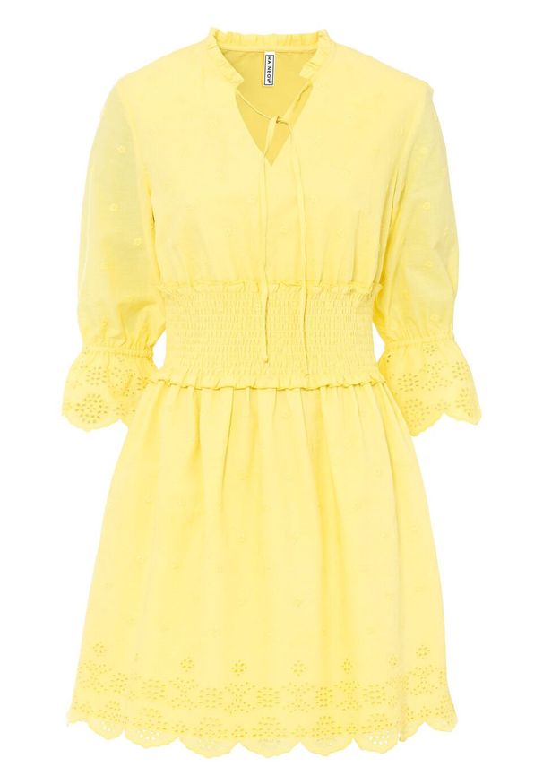 Sukienka z ażurowym haftem bonprix żółty cytrynowy. Kolor: żółty. Wzór: ażurowy, haft