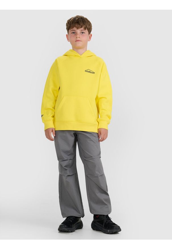 4f - 4F Bluza dresowa oversize z kapturem chłopięca - żółta 152 (11-12 lat). Okazja: na co dzień, na uczelnię. Typ kołnierza: kaptur. Kolor: żółty. Materiał: dresówka. Długość rękawa: raglanowy rękaw. Sezon: lato. Styl: casual, klasyczny, sportowy