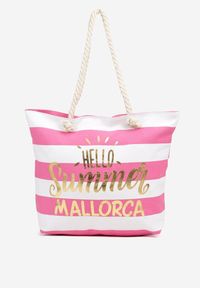 Born2be - Różowa Torebka Plażowa w Paski z Napisem i Sznurkiem Revellorae. Kolor: różowy. Wzór: napisy, paski. Sezon: lato. Rozmiar: duże. Styl: casual