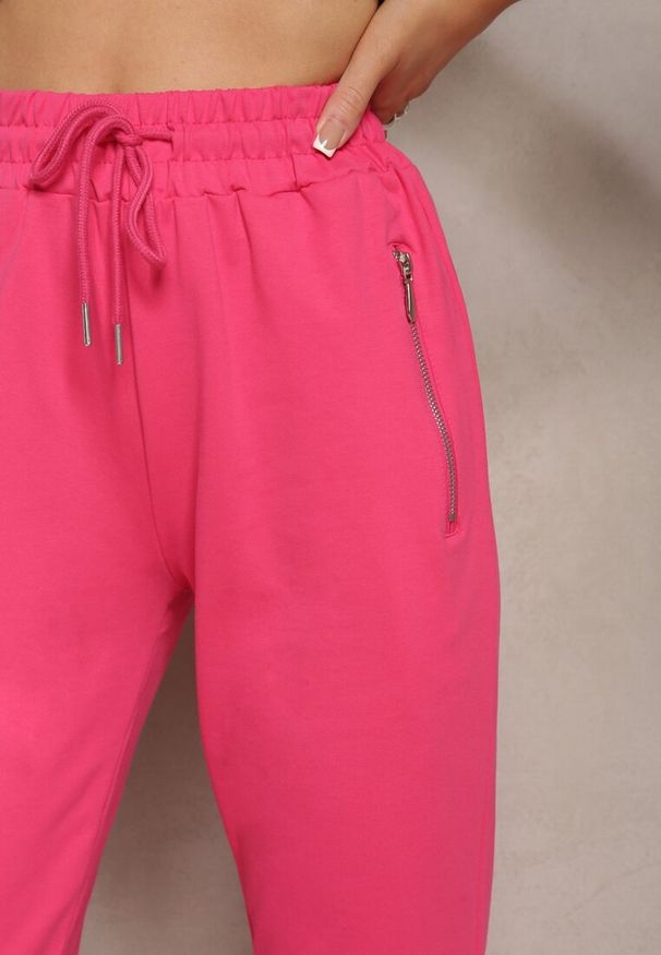Renee - Fuksjowe Dresowe Spodnie Bawełniane Joggery z Kieszeniami na Suwaki Bieitta. Kolor: różowy. Materiał: bawełna, dresówka
