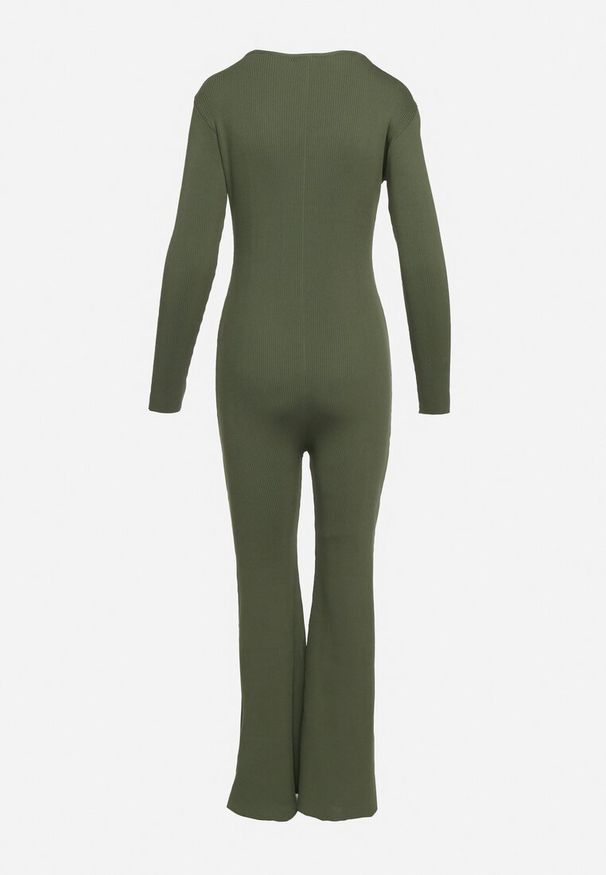 Born2be - Zielony Wiskozowy Kombinezon Bodycon z Prążkowaniem i Suwakiem Alnorema. Kolor: zielony. Materiał: prążkowany, wiskoza. Styl: elegancki