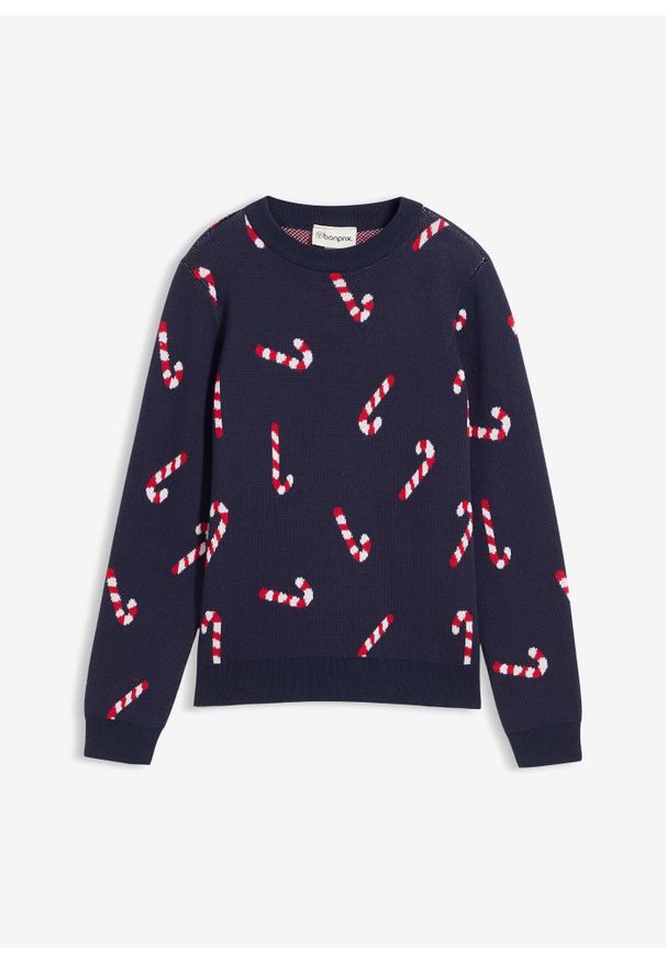 bonprix - Cienki sweter z motywem bożonarodzeniowym. Kolor: niebieski