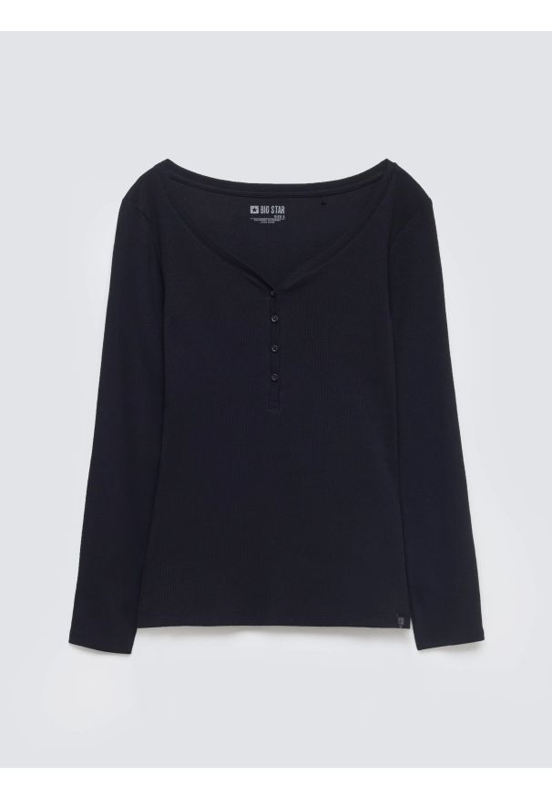 Big-Star - Bluzka damska z prążkowanej dzianiny czarna Nathalie 906. Kolor: czarny. Materiał: prążkowany, dzianina. Długość rękawa: długi rękaw. Długość: długie. Wzór: aplikacja. Styl: elegancki