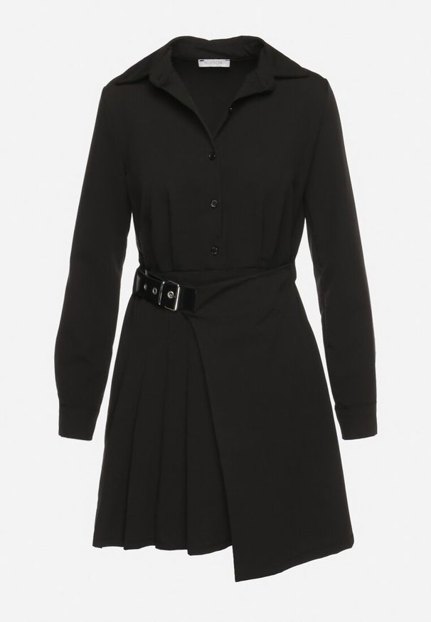 Born2be - Czarna Sukienka Koszulowa z Plisowanym Asymetrycznym Dołem z Paskiem Vattea. Kolor: czarny. Typ sukienki: asymetryczne, koszulowe