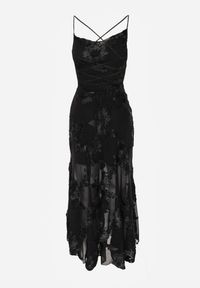 Renee - Czarna Wieczorowa Sukienka z Siateczki z Gorsetowym Wiązaniem na Plecach Cezenna. Okazja: na co dzień. Typ kołnierza: dekolt gorset. Kolor: czarny. Wzór: aplikacja, kwiaty. Typ sukienki: gorsetowe. Styl: wizytowy #7