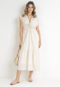 Born2be - Beżowa Rozkloszowana Sukienka z Falbaną Atina. Kolor: beżowy #1
