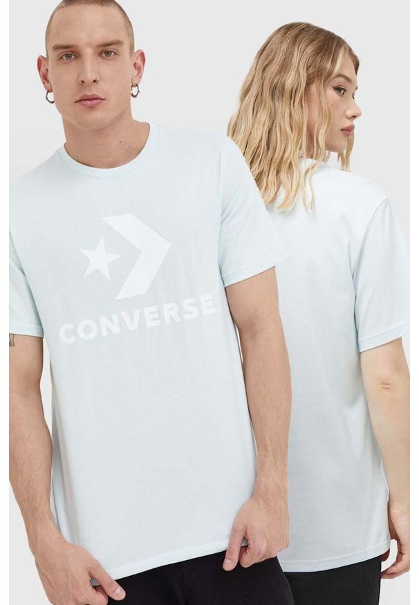 Converse t-shirt bawełniany kolor turkusowy z nadrukiem. Kolor: turkusowy. Materiał: bawełna. Wzór: nadruk. Styl: klasyczny