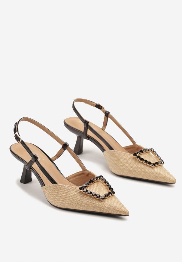 Renee - Czarne Sandały Slingback na Kaczuszce z Tweedowymi Wstawkami i Cyrkoniami Nalivna. Okazja: na spotkanie biznesowe, na co dzień. Kolor: czarny. Obcas: na szpilce. Styl: biznesowy, casual, elegancki. Wysokość obcasa: niski