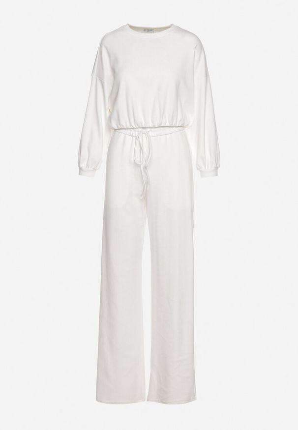 Born2be - Biały Komplet Bawełniany Spodnie Szerokie ze Sznurkiem w Pasie i Bluza ze Ściągaczami Urionne. Kolor: biały. Materiał: bawełna