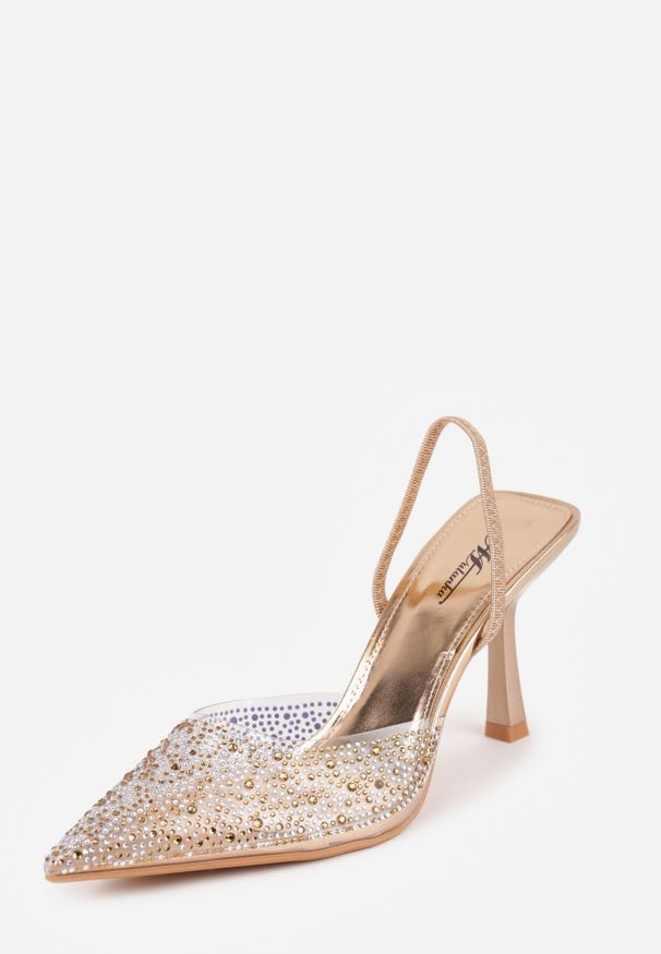 Born2be - Szampańskie Transparentne Szpilki z Odkrytą Piętą i Cyrkoniami na Nosku Ilunatia. Okazja: na wesele, na co dzień, na randkę, na ślub cywilny. Kolor: złoty. Materiał: jeans. Obcas: na szpilce. Styl: wizytowy, casual, elegancki