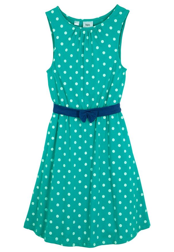 bonprix - Sukienka z dżerseju z czystej bawełny. Typ kołnierza: kokarda. Kolor: zielony. Materiał: jersey, bawełna. Wzór: kropki. Styl: elegancki