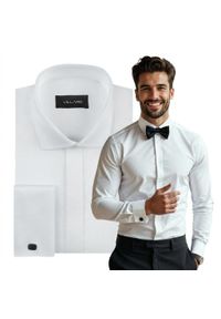 Mmer / Villaro - Koszule męskie - Biała koszula ślubna na spinki z plisą kryjąca VILLARO 063. Okazja: na wesele, na ślub cywilny. Kolor: biały. Materiał: bawełna, elastan, tkanina. Długość: długie. Styl: klasyczny, elegancki #1