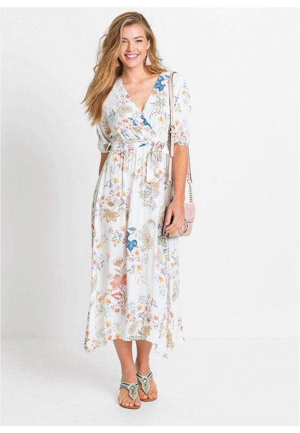 bonprix - Sukienka midi z lejącej wiskozy. Kolor: biały. Materiał: wiskoza. Długość rękawa: krótki rękaw. Wzór: kwiaty. Długość: midi
