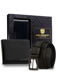 Zestaw prezentowy: skórzany portfel męski w czarnym kolorze bez zapięcia i czarny pasek ze skóry naturalnej - Peterson. Kolor: czarny. Materiał: skóra #1