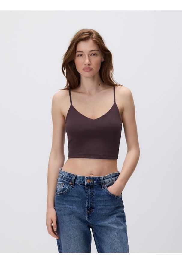 Reserved - Krótki top - ciemnobrązowy. Kolor: brązowy. Materiał: bawełna, włókno. Długość: krótkie