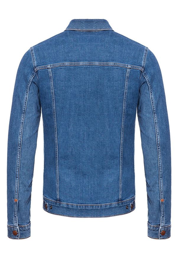 Wrangler - KURTKA JEANSOWA WRANGLER REGULAR JACKET MIDSTONE W44323091 112128853. Typ kołnierza: kaptur. Materiał: jeans. Wzór: aplikacja, nadruk. Sezon: jesień, lato. Styl: klasyczny, elegancki