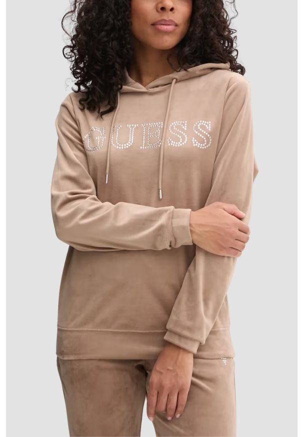 Guess - GUESS Brązowa welurowa damska bluza Couture. Kolor: brązowy. Materiał: welur