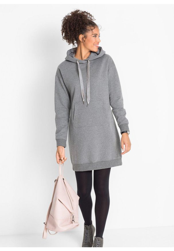 bonprix - Bawełniana sukienka dresowa. Typ kołnierza: kaptur. Kolor: szary. Materiał: bawełna, dresówka