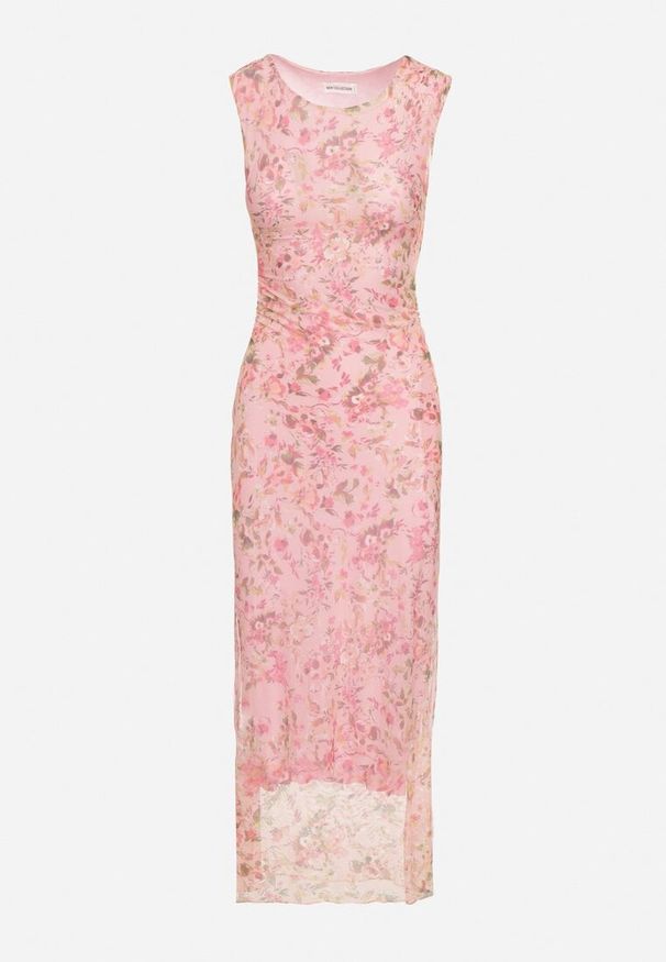 Born2be - Różowa Koktajlowa Taliowana Sukienka w Kwiaty z Wiskozową Podszewką Lidra. Okazja: na ślub cywilny, na wesele, na co dzień, na imprezę. Kolor: różowy. Materiał: wiskoza. Wzór: kwiaty. Styl: wizytowy