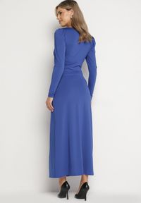 Born2be - Niebieska Elegancka Sukienka Kopertowa Ozdobiona Marszczeniami Zainara. Okazja: na imprezę, na spotkanie biznesowe. Typ kołnierza: dekolt kopertowy. Kolor: niebieski. Długość rękawa: długi rękaw. Wzór: aplikacja. Typ sukienki: kopertowe. Styl: elegancki #5