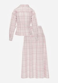 Renee - Różowy Bawełniany Komplet Rozkloszowana Spódnica i Bluzka z Wiązaniem Allisa. Kolor: różowy. Materiał: bawełna. Wzór: kratka #6