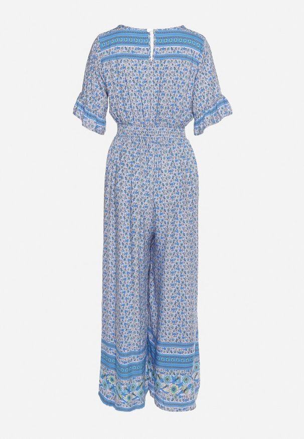 Born2be - Niebieski Bawełniany Kombinezon z Gumkami w Pasie i Kopertowym Dekoltem Zapinany z Tyłu na Guziki Lorrania. Okazja: na co dzień. Kolor: niebieski. Materiał: bawełna. Długość rękawa: krótki rękaw. Długość: krótkie. Styl: wizytowy, casual, elegancki