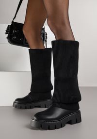Renee - Czarne Kozaki Chunky z Dzianinową Cholewką Imitującą Nogawkę Fenema. Okazja: na co dzień. Kolor: czarny. Materiał: dzianina. Szerokość cholewki: normalna. Styl: casual