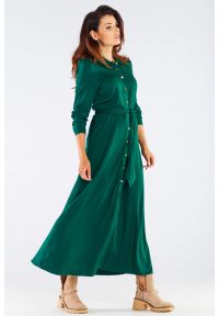 Sukienki.shop - Trapezowa sukienka maxi z koszulową górą butelkowa zieleń. Okazja: na co dzień, do pracy. Materiał: wiskoza. Typ sukienki: trapezowe, koszulowe. Styl: casual. Długość: maxi #3