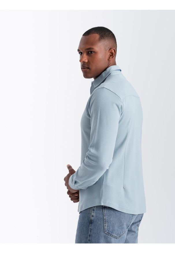 Ombre Clothing - Męska dzianinowa koszula SLIM FIT z długim rękawem – błękitna V3 OM-SHCS-0177 - XXL. Kolor: niebieski. Materiał: dzianina. Długość rękawa: długi rękaw. Długość: długie