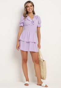 Born2be - Fioletowa Sukienka o Rozkloszowanym Kroju z Gumką w Pasie i Ozdobnymi Falbankami Werdia. Okazja: na co dzień. Typ kołnierza: kołnierz z falbankami. Kolor: fioletowy. Typ sukienki: rozkloszowane, proste. Styl: casual, klasyczny #5
