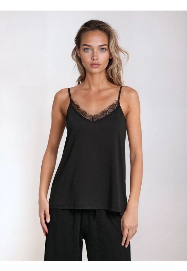 Sinsay - Bluzka na ramiączkach z ozdobną koronką - czarny. Kolor: czarny. Materiał: koronka. Długość rękawa: na ramiączkach. Wzór: koronka