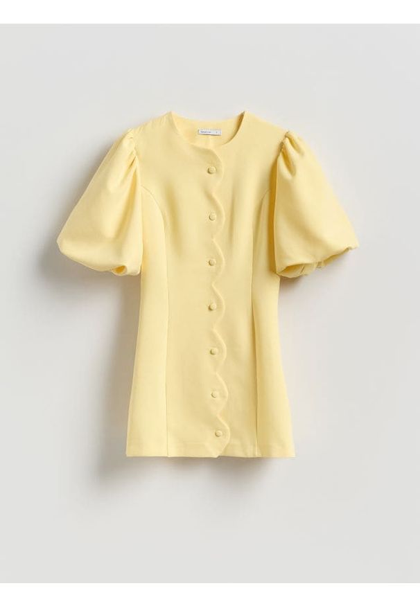 Reserved - Sukienka z bufiastymi rękawami - jasnożółty. Kolor: żółty. Materiał: wiskoza, tkanina