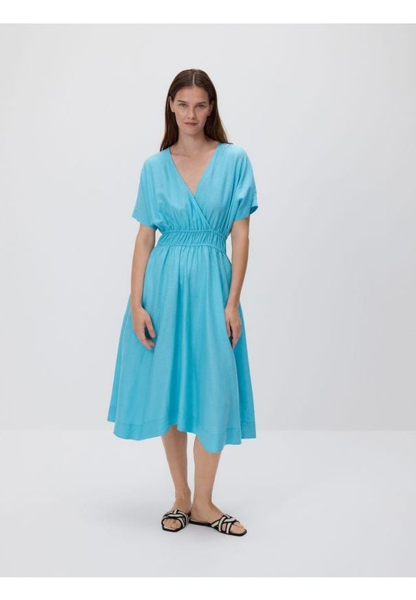 Reserved - Sukienka z lnem - turkusowy. Kolor: turkusowy. Materiał: len