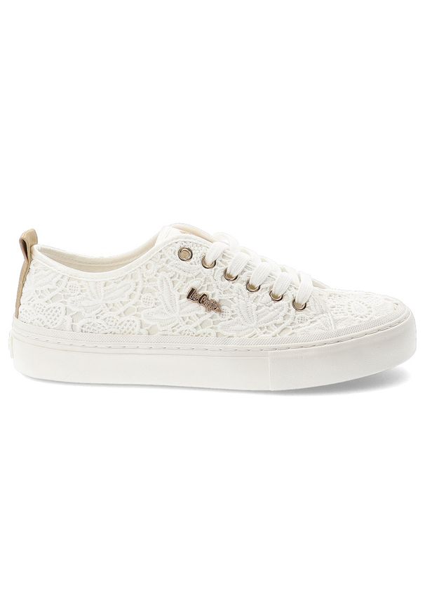 Trampki damskie Lee Cooper, cholewka z materiału tekstylnego koronkowego wiązanie z przodu metalowe oczka na grubszej podeszwie, białe, LCW-26-02-406. Kolor: biały. Materiał: materiał, koronka. Szerokość cholewki: normalna