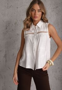 Renee - Biała Boho Koszula z Wiskozy Bez Rękawów Zdobiona Haftem Melirianne. Kolor: biały. Materiał: wiskoza. Długość rękawa: bez rękawów. Wzór: haft, aplikacja. Sezon: lato. Styl: boho #5