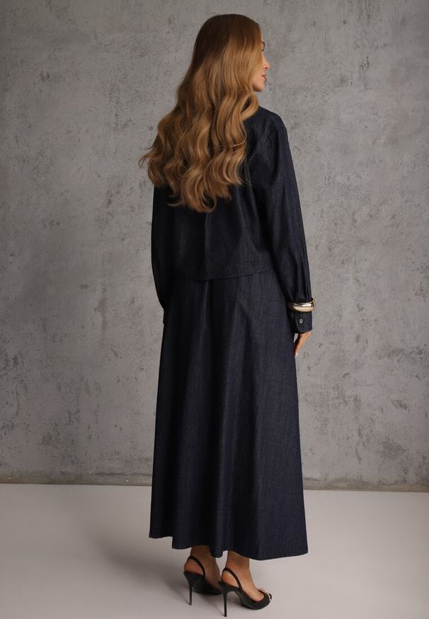 Renee - Granatowy Komplet z Bawełniano-Wiskozowej Imitacji Jeansu z Koszulą i Spódnicą z Paskiem Andaig. Kolor: niebieski. Materiał: jeans, wiskoza, bawełna