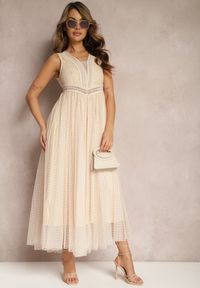 Renee - Beżowa Maxi Sukienka o Rozkloszowanym Kroju z Koronką i Tiulem Herdolia. Kolor: beżowy. Materiał: koronka, tiul. Wzór: koronka. Długość: maxi