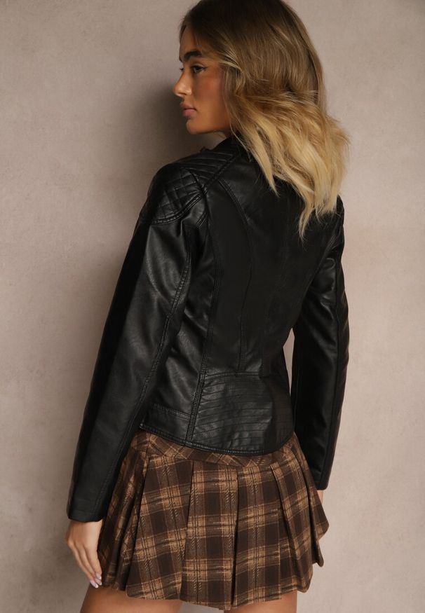 Renee - Czarna Kurtka w Stylu Ramoneski z Suwakiem i Napami Mevira. Okazja: na co dzień. Kolor: czarny. Materiał: jeans. Styl: rockowy, wizytowy, casual