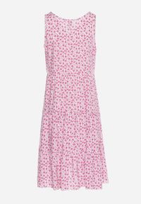 Born2be - Różowa Bawełniana Sukienka w Kwiaty z Falbanką Rissafa. Okazja: na co dzień. Kolor: różowy. Materiał: bawełna. Wzór: kwiaty. Typ sukienki: proste. Styl: casual #2