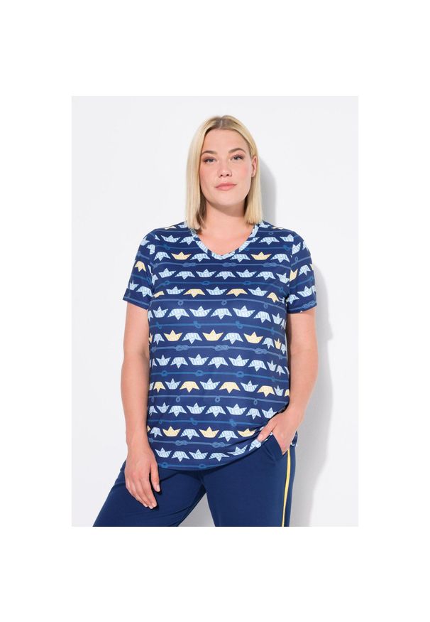 ULLA POPKEN - Damskie Koszulka funkcyjna statki klasyczny krój dekolt w serek rękaw 1/2. Typ kołnierza: dekolt w serek. Kolekcja: plus size. Kolor: niebieski. Materiał: poliester, materiał, elastan