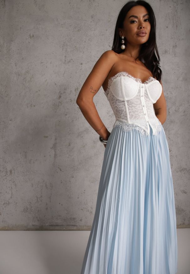 Renee - Niebieska Spódnica High Waist Zdobiona Drobnym Plisowaniem Aniope. Okazja: na co dzień. Stan: podwyższony. Kolor: niebieski. Wzór: aplikacja. Styl: elegancki, casual